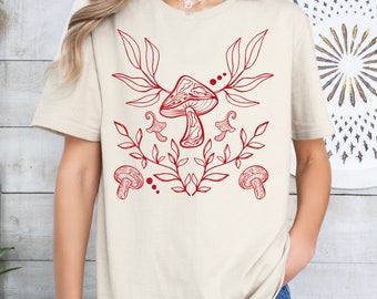 Block Print Style Shirt Mushroom Shirt Floral Apparel Bohemian Hippie Tee Southern Folk Art Red Linocut Shirt Outdoor Shirt Nature Shirt