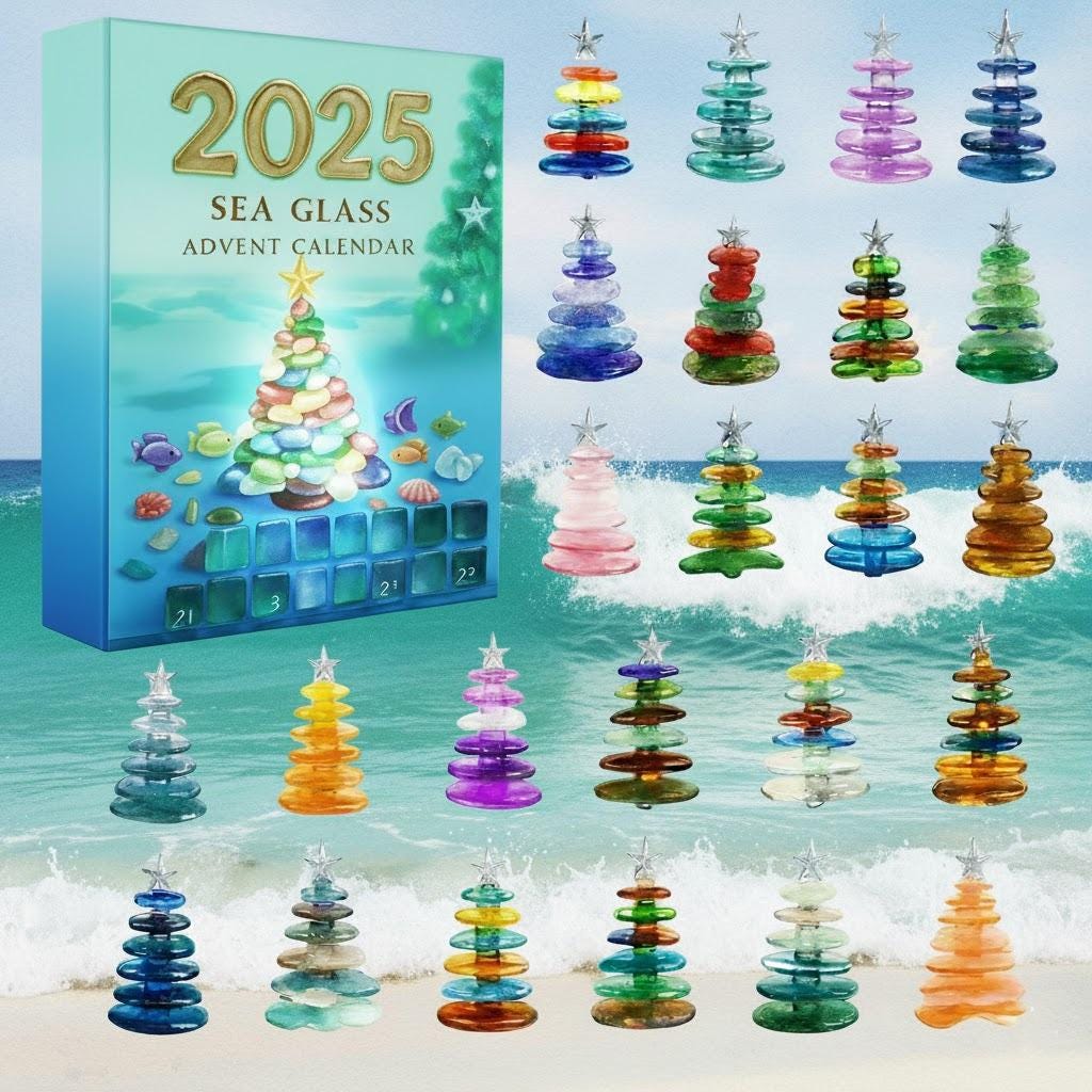 Discover Sea Glass Christmas Tree Advent Calendar Box With Arcylic Ornaments, Sea Glass Christmas Box Gift, Christmas Countdown Box