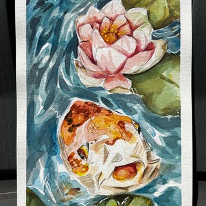 lotus koi pond original watercolor painting wall art fine art japanese glitter flower floral fish landscape drawing aesthetic botanical