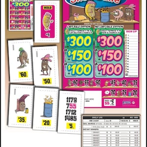 May include: A collection of "Shelf Life" scratch-off lottery tickets. The tickets feature cartoon characters and prize amounts ranging from $5 to $300. The design includes the text "Hold Twinkie" and "Last Sale Option".