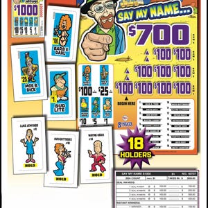 May include: A colorful lottery game board titled Say My Name featuring a cartoon man in a hat pointing forward. The board includes various character cards with names like Barb E. Dahl and Moe B. Dick, prize amounts, a list of 18 holders, and a payout table.