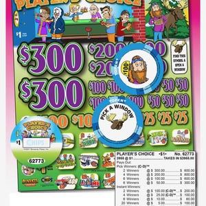 May include: A colorful scratch-off lottery ticket titled "Player's Choice" with various prize amounts and cartoon illustrations. The ticket features circular game pieces and the text "Pick a Window".
