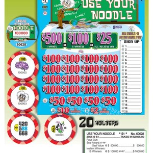 May include: A colorful scratch-off lottery ticket with the text "USE YOUR NOODLE" and various prize amounts. The ticket features a cartoon of a scientist and multiple game pieces with different values. The ticket is designed with a green, blue, and red color scheme.