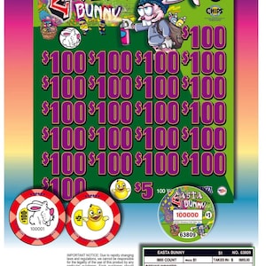 May include: A green and purple Easter Bunny themed pull-tab ticket with multiple $100 prize amounts. The ticket features a cartoon bunny character and the text "Easta Bunny". Includes three circular game pieces.