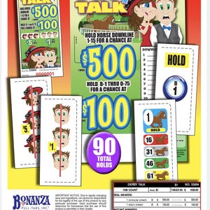 May include: Colorful "Derby Talk" pull-tab tickets with illustrations of a horse race theme. The tickets feature text like "Hold Horse Downline" and prize amounts of $500 and $100. The tickets are from Bonanza Pull-Tabs, Inc.