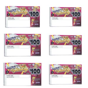 May include: Six identical lottery tickets with a pink and purple design. The tickets feature the text "Ride the Lightning" and "DAB thru 75 for a chance at $100". Each ticket has the form number 4866.