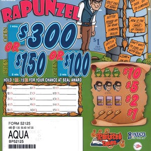 May include: A "Rapunzel" themed scratch-off ticket with a cartoon illustration of a man and the text "$300 OR $150 OR $100". The ticket features various game elements and the word "AQUA".