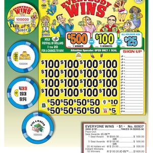 May include: A colorful Everybody Wins scratch-off ticket with the text "Everybody Wins" at the top. The ticket features various prize amounts, including $500, $100, and $25, and several game pieces.