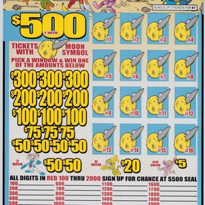 May include: A Space Monkeys scratch-off ticket with a blue background. The ticket features cartoon space characters and the text "$500". It includes multiple windows with moon symbols and potential winning amounts.