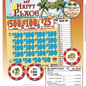 May include: A colorful "My Happy Place" scratch-off lottery ticket. The ticket features text and numbers in blue, red, and yellow, with images of palm trees, a sun, and a person in a hammock. The ticket has a $1 price.