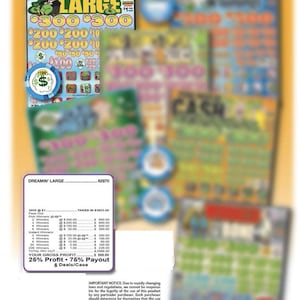 May include: A collection of lottery scratch-off tickets with various designs and prize amounts. The tickets feature text like "Dreamin' LARGE" and prize values such as $300, $200, and $100. A detailed payout breakdown is also visible.