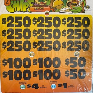 May include: A colorful sign for a "Salsa & Chips" game, featuring cartoon illustrations of chips and salsa. The sign displays prize amounts of $250, $100, and $50. It also indicates the number of winners for each prize.