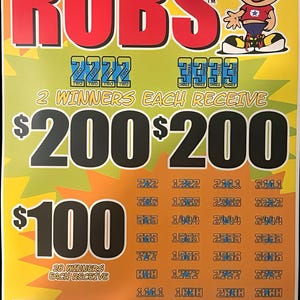 May include: A lottery ticket with the text "ROTTEN ROBS" in red letters. The ticket features a cartoon character and the text "$1 PER PLAY". It displays winning numbers and prize amounts of $200 and $100.