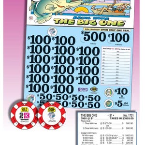 May include: A lottery ticket with the title "THE BIG ONE" featuring a cartoon fish and a fisherman. The ticket displays prize amounts of $100, $50, $10, and $5. Two casino chips are also shown, one with the number 213 and the other with 100.