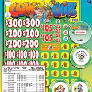 May include: A Cow Chips lottery game card featuring a cartoon cow in a yellow hat and blue overalls holding a pitchfork. The card displays various dollar amounts, a grid of scratch-off windows, and a payout table with the text Cow Chips $1 No. 60985.