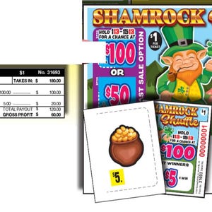 May include: Shamrock Shuffle lottery tickets with a leprechaun graphic. The tickets feature the text "$100 or $50" and "$5 win". A card shows a pot of gold with a "$5" price tag. The image includes a table with game details.