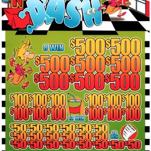 May include: A colorful "Dine N' Dash" scratch-off ticket with cartoon graphics. The ticket features a green background with orange and yellow text, and illustrations of people running. It displays potential winnings of $500, $100, and $50.