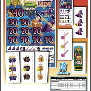 May include: A colorful "Magic Key Mini" scratch-off ticket with a wizard illustration. The ticket features various prize amounts, including $40, $30, $20, and $10. Additional cards with matching symbols are also shown.