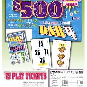 May include: A promotional image for Diamond Dab 4, a lottery game, featuring a large purple "$500" graphic. The image includes multiple play tickets, with text indicating "75 Play Tickets" and "Guaranteed Winner!"