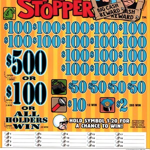 May include: A Crime Stopper scratch-off ticket with a yellow and orange background. The ticket features the text "Crime Stopper" in red, along with various prize amounts and the phrase "Hold Symbol 1-20 for a Chance to Win!"