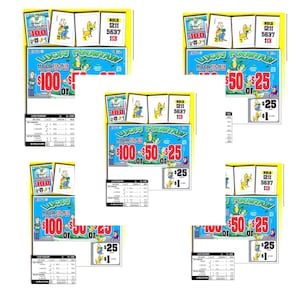 May include: Multiple "Lucky Fountain" scratch-off lottery tickets. Each ticket features cartoon illustrations and text, including "Hold 13 153" and prize amounts of $100, $50, and $25. The tickets are predominantly blue, yellow, and white.