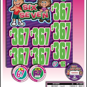 May include: A lottery ticket with a purple background features the words "SIX SEVEN" and the number "367" in green. Cartoon illustrations of a boy and girl are also present. The ticket includes two circular game pieces and a table with prize information.