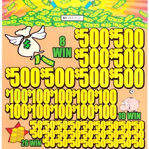 May include: A colorful "Cashtastic!" scratch-off ticket with a money bag graphic and the text "$1 PER PLAY". The ticket features various prize amounts, including $500, $100, and $50, with the text "WIN" next to each prize.