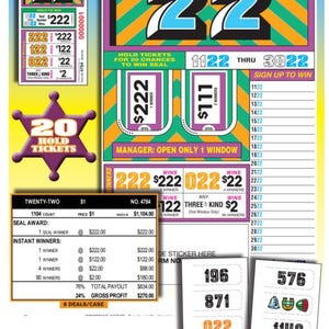 May include: A colorful Twenty-Two scratch-off ticket sheet with various game elements. The design includes large "22" numerals, prize amounts, and the text "Hold Tickets to Win Seal." Additional tickets and a star-shaped "20 Hold Tickets" emblem are also visible.