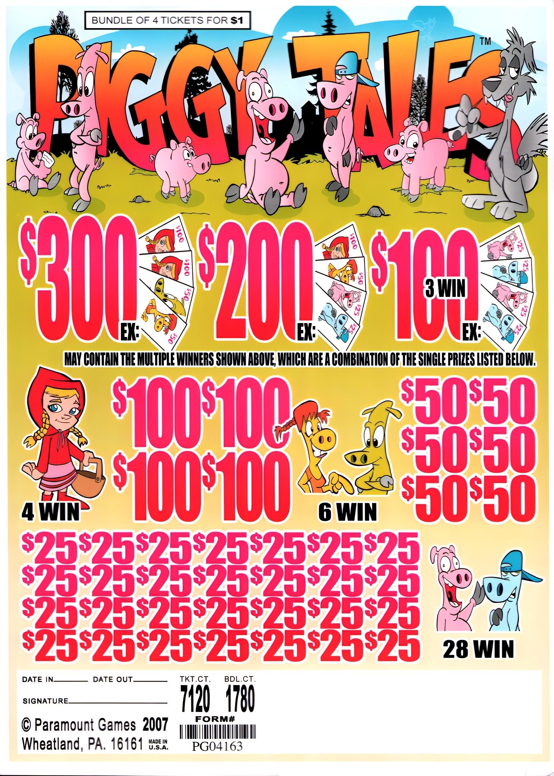 Piggy Tales  - Jar Ticket - Pull Tab Ticket - Ticket for Amusement Purposes Only