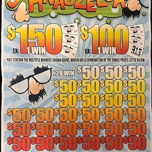 May include: A lottery ticket with the word "SCHNAUZELOA" in large, colorful letters. The ticket features prize amounts of $150 and $100, along with multiple $50 prizes. The ticket also includes the text "BUNDLE OF 3 TICKETS FOR $1".