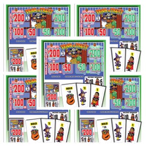 May include: A Trick or Treat themed pull-tab game card featuring colorful Halloween illustrations of children in costumes, a ghost, and a pumpkin. The card displays prize amounts of $200, $100, $50, $10, and $5 with text including Trick or Treat.