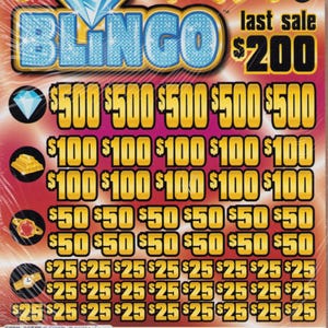 May include: A rectangular Blingo scratch-off lottery ticket with a red and orange gradient background. The top features a blue diamond logo and the text $1 per chip. Rows of gold dollar amounts include $500, $100, $50, and $25 with icons.
