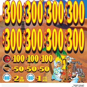 May include: A colorful lottery ticket with the title "Pain in the Gas." The ticket features large yellow numbers indicating potential winnings, along with cartoon illustrations of characters and oil derricks. The ticket count is 3955.