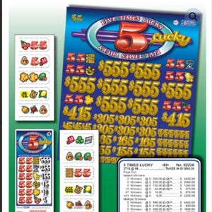 May include: A Five Times Lucky scratch-off lottery ticket game featuring a large blue card with gold dollar amounts, smaller white cards with fruit and symbol icons, and a white payout table with text listing prize tiers and odds.