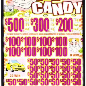 May include: Eye Candy scratch-off ticket with a cartoon face and the text "EYE CANDY". The ticket features prize amounts of $500, $300, and $200, along with smaller prizes and a yellow car graphic. Bundle of 3 tickets for $1.