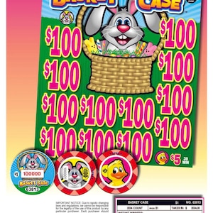 May include: A colorful "Basket Case" pull-tab ticket with a cartoon bunny holding a basket of Easter eggs. The ticket features multiple $100 prize amounts and a $1 per chip price. Includes three round tokens with bunny and duck graphics.