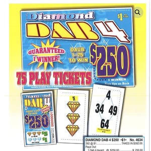 May include: A Diamond Dab 4 bingo game set featuring a large blue instructional card with yellow text, a smaller ticket, and two white cards with diamond graphics and numbers. The text includes Guaranteed 1 Winner, Daub 1-75 to Win, and $250. The set displays 75 play tickets and payout information.