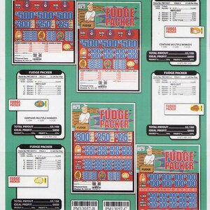May include: A collection of colorful "Fudge Packer" scratch-off lottery tickets. The tickets feature various prize amounts, including $500, $300, $250, and $125. Each ticket displays the "Fudge Packer" logo and the text "Contains Multiple Winners."
