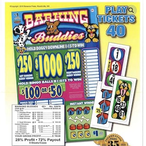 May include: A colorful "Barking Buddies" scratch-off lottery ticket with cartoon dog illustrations. The ticket features various prize amounts, including $250, $1000, and $50. Several play tickets are also visible, with the text "Play Tickets 40".
