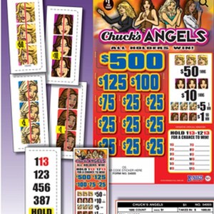 May include: A Chuck's Angels pull-tab game card featuring illustrations of four women, with large blue and yellow text displaying prize amounts like $500, $125, and $100. The card includes smaller perforated tickets with face graphics and a list of winning numbers.