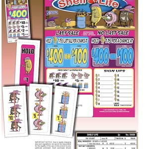 May include: Lottery tickets with the text "Shelf Life" and cartoon characters. The tickets offer chances to win up to $400. Includes instant winner cards for $10, $5, $2, and $1.