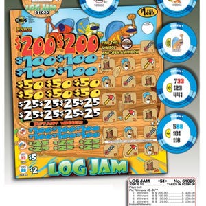 May include: A colorful "Log Jam" scratch-off lottery ticket with various prize amounts and cartoon graphics. The ticket features the text "Find this symbol and open a window" and includes several scratch-off circles with numbers.