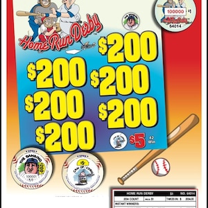 May include: A Home Run Derby scratch-off ticket with a baseball theme. The ticket features illustrations of baseball players, a baseball bat, and a baseball. The ticket has multiple $200 prize amounts and a $5 prize.