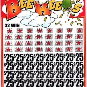 May include: A red and white scratch-off ticket with the text "Bee Bee's". The ticket features a cartoon stork carrying a green sack of money, with dollar bills falling. The ticket has a "32 WIN" section and multiple rows of numbers and dollar amounts.