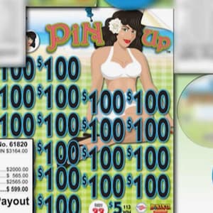 May include: A rectangular Pin Up lottery game card featuring a graphic of a person in a white bikini, with multiple $100 symbols printed in blue. The card includes a payout table, the text Pin Up, and a circular blue game token with numbers.