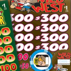 May include: A Wild West themed scratch-off game card with a brown background, featuring a cartoon cowboy on a stick horse, large white numbers with pink outlines, and two circular game chips, one blue and one brown, displaying the same cowboy graphic.