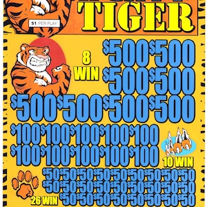 May include: A Mighty Tiger scratch-off ticket with a tiger mascot. The ticket features the text "MIGHTY TIGER" in blue and yellow, along with potential winning amounts in blue.