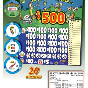 May include: A colorful scratch-off lottery ticket with the theme "99 Bottles of Beer." The ticket features illustrations of people celebrating with beer bottles, with a top prize of $500. Includes multiple smaller prize amounts.