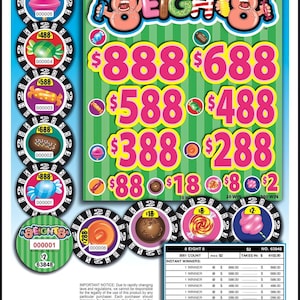 May include: A colorful scratch-off ticket with the word "EIGHT" in large letters. The ticket features various prize amounts in pink, along with images of candies and chips. The background has green stripes.