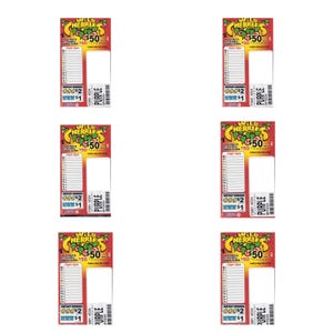 May include: Six Wild Cherries scratch-off lottery tickets. Each ticket has a red and yellow design with the text "Wild Cherries" and "$50". The tickets also have a section for scratching and the word "Purple".